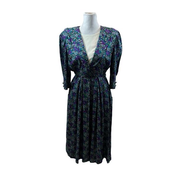 Ladies Vinyage 80’s R.J. Stevens Petites Floral Long Sleeve Pleat Skirt Dress‎ 2 - Picture 6 of 14